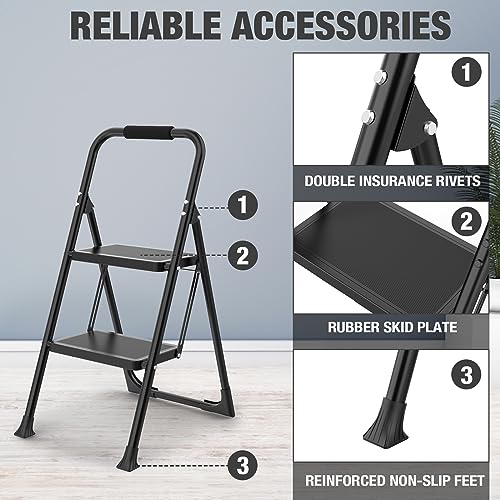 HBTower 2 Step Ladder, Step Stool for Adults,2 Step Ladder Folding Step Stool with Cushioned Handle,330 lbs Capacity,2 Step Ladder with Wide Anti-Slip Pedal Ergonomic Design