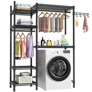 ulif u7 over the washer and dryer storage, laundry room heavy-duty space saver with 6 shelves and 2 hanger rods, laundry clothes drying rack and toiletries organizer, 47.2”w x 13.4”d x 77.4”h, black