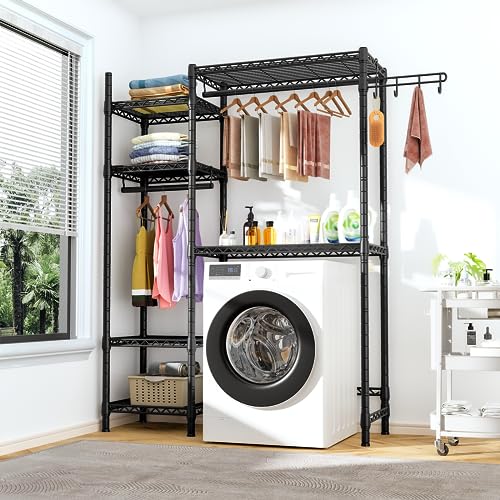 Ulif U7 Over The Washer and Dryer Storage, Laundry Room Heavy-Duty Space Saver with 6 Shelves and 2 Hanger Rods, Laundry Clothes Drying Rack and Toiletries Organizer, 47.2”W x 13.4”D x 77.4”H, Black