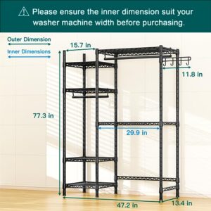 Ulif U7 Over The Washer and Dryer Storage, Laundry Room Heavy-Duty Space Saver with 6 Shelves and 2 Hanger Rods, Laundry Clothes Drying Rack and Toiletries Organizer, 47.2”W x 13.4”D x 77.4”H, Black
