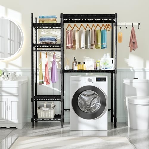 Ulif U7 Over The Washer and Dryer Storage, Laundry Room Heavy-Duty Space Saver with 6 Shelves and 2 Hanger Rods, Laundry Clothes Drying Rack and Toiletries Organizer, 47.2”W x 13.4”D x 77.4”H, Black