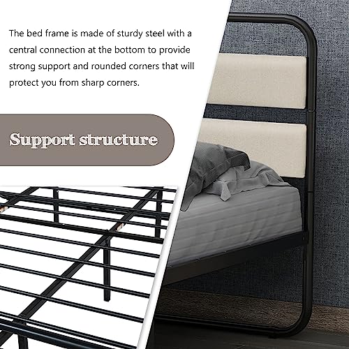 NNV King Bed Frame with Upholstered Linen Headboard and Footboard, Steel Slats Mattress Foundation Round Pipe Design, No Box Spring Needed, Beige