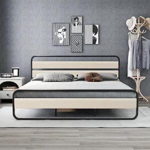 NNV King Bed Frame with Upholstered Linen Headboard and Footboard, Steel Slats Mattress Foundation Round Pipe Design, No Box Spring Needed, Beige