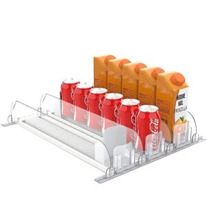 drink organizer for fridge: self pushing soda can dispenser for refrigerator with double spring beverage pusher glide width adjustable soda can organizer for kitchen pantry white 3 rows