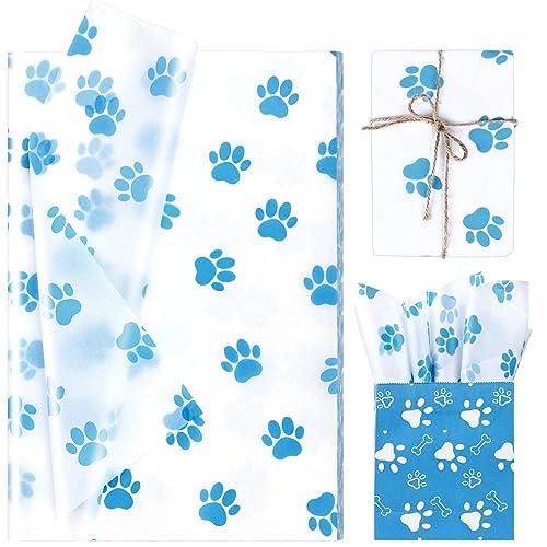 Bolsome 100 Sheets 20 * 14 Inches Dog Paw Print Tissue Paper for Gift Bags, Blue Puppy Paws Tissue Paper for Gift Wrapping for Birthday Baby Boys Shower DIY Craft