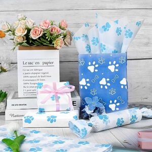 Bolsome 100 Sheets 20 * 14 Inches Dog Paw Print Tissue Paper for Gift Bags, Blue Puppy Paws Tissue Paper for Gift Wrapping for Birthday Baby Boys Shower DIY Craft