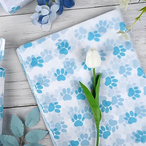 Bolsome 100 Sheets 20 * 14 Inches Dog Paw Print Tissue Paper for Gift Bags, Blue Puppy Paws Tissue Paper for Gift Wrapping for Birthday Baby Boys Shower DIY Craft