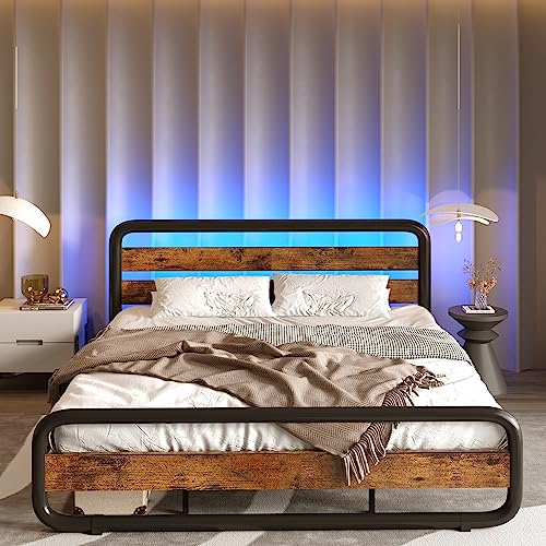 St.Mandyu LED Bed Frame with Wood Headboard and Led Lights,Heavy Duty Platform Bed Frame Under Bed Storage,Noise-Free,Brown (Queen)