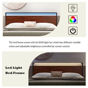 NNV Industrial King Size Bed Frame with Headboard Stoarge, Metal Platform Bed Frame with LED Lights and USB Ports, Sturdy and No Noise Easy Installation No Box Spring Needed, Mahogany
