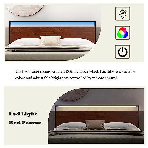 NNV Industrial King Size Bed Frame with Headboard Stoarge, Metal Platform Bed Frame with LED Lights and USB Ports, Sturdy and No Noise Easy Installation No Box Spring Needed, Mahogany