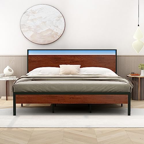 NNV Industrial King Size Bed Frame with Headboard Stoarge, Metal Platform Bed Frame with LED Lights and USB Ports, Sturdy and No Noise Easy Installation No Box Spring Needed, Mahogany