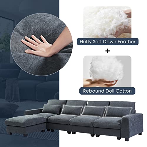 BSYEIO 129.9" Modern Sectional Sofa for Living Room, L Shaped Sofa Couch with Convertible Ottoman Modern Upholstered Sofa Couch with Ottoman Waist Pillows - Grey