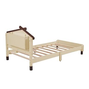 Harper & Bright Designs Twin Bed Frames with House-Shaped Headboard, Wooden Kids Twin Platform Bed Frame with Motion Activated Night Lights, Cute Single Twin Bed for Girls Boys, Cream+Walnut