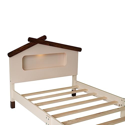 Harper & Bright Designs Twin Bed Frames with House-Shaped Headboard, Wooden Kids Twin Platform Bed Frame with Motion Activated Night Lights, Cute Single Twin Bed for Girls Boys, Cream+Walnut