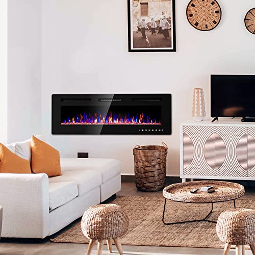 MEPTY 36" Electric Fireplace, Recessed and Wall Mounted Fireplace Insert, Fireplace Heater and Linear Fireplace with Remote Control, Timer, Adjustable Flame Color & Speed, Log Set & Crystal, Black