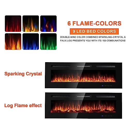 MEPTY 36" Electric Fireplace, Recessed and Wall Mounted Fireplace Insert, Fireplace Heater and Linear Fireplace with Remote Control, Timer, Adjustable Flame Color & Speed, Log Set & Crystal, Black