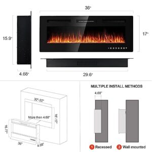 MEPTY 36" Electric Fireplace, Recessed and Wall Mounted Fireplace Insert, Fireplace Heater and Linear Fireplace with Remote Control, Timer, Adjustable Flame Color & Speed, Log Set & Crystal, Black