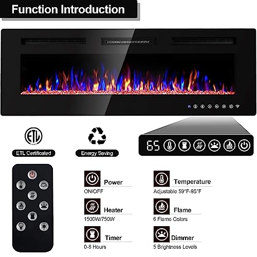 MEPTY 36" Electric Fireplace, Recessed and Wall Mounted Fireplace Insert, Fireplace Heater and Linear Fireplace with Remote Control, Timer, Adjustable Flame Color & Speed, Log Set & Crystal, Black