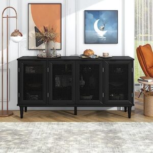 black sideboard buffet cabinet with artificial rattan door, large buffet sideboard storage cabinet with adjustable shelves, sideboard buffet table for living room, kitchen, dining room