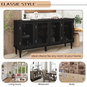 Black Sideboard Buffet Cabinet with Artificial Rattan Door, Large Buffet Sideboard Storage Cabinet with Adjustable Shelves, Sideboard Buffet Table for Living Room, Kitchen, Dining Room