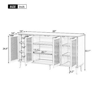 Black Sideboard Buffet Cabinet with Artificial Rattan Door, Large Buffet Sideboard Storage Cabinet with Adjustable Shelves, Sideboard Buffet Table for Living Room, Kitchen, Dining Room