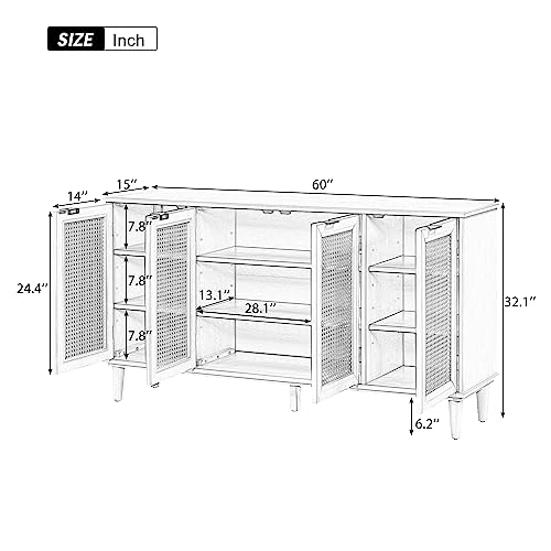 Black Sideboard Buffet Cabinet with Artificial Rattan Door, Large Buffet Sideboard Storage Cabinet with Adjustable Shelves, Sideboard Buffet Table for Living Room, Kitchen, Dining Room