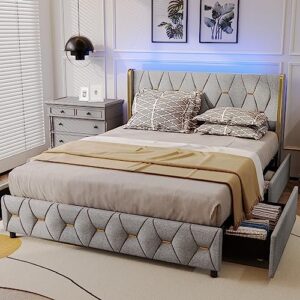 queen led bed frame with 4 storage drawers, upholstered platform bed frame with wingback adjustable headboard, gold button decoration, solid wooden slats support, no box spring needed, light grey