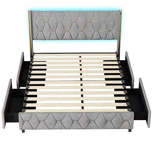 Queen LED Bed Frame with 4 Storage Drawers, Upholstered Platform Bed Frame with wingback Adjustable Headboard, Gold Button Decoration, Solid Wooden Slats Support, No Box Spring Needed, Light Grey