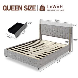 Queen LED Bed Frame with 4 Storage Drawers, Upholstered Platform Bed Frame with wingback Adjustable Headboard, Gold Button Decoration, Solid Wooden Slats Support, No Box Spring Needed, Light Grey