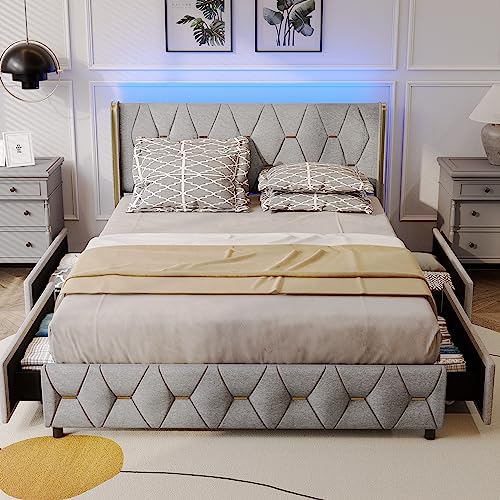 Queen LED Bed Frame with 4 Storage Drawers, Upholstered Platform Bed Frame with wingback Adjustable Headboard, Gold Button Decoration, Solid Wooden Slats Support, No Box Spring Needed, Light Grey