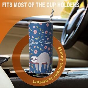 HOMEKOWN 20oz Slow the Sloth Tumbler Stainless Steel Cup Vacuum Insulated Travel Coffee Mug with Splash-Proof Lid Metal Straw