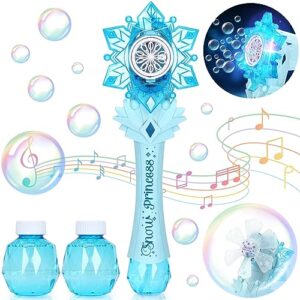 2 in 1 princess magic bubble blower wand machine for kids, snowflake maker wand toys with windmill & light up led & music, outdoor christmas birthday gift for girls