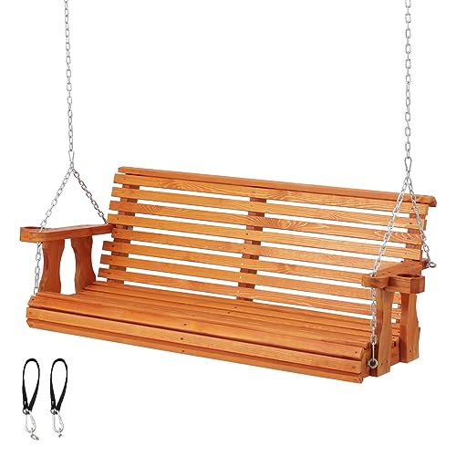 Porch Swing Outdoor, 5.5FT Heavy Duty 800lbs Wooden Hanging Swing Bench with Cupholders and Hanging Chains for Front Porch Garden Deck Patio Backyard Balcony