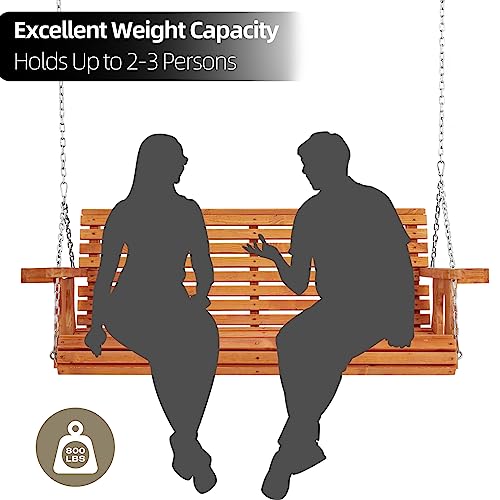 Porch Swing Outdoor, 5.5FT Heavy Duty 800lbs Wooden Hanging Swing Bench with Cupholders and Hanging Chains for Front Porch Garden Deck Patio Backyard Balcony