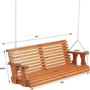 Porch Swing Outdoor, 5.5FT Heavy Duty 800lbs Wooden Hanging Swing Bench with Cupholders and Hanging Chains for Front Porch Garden Deck Patio Backyard Balcony
