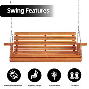 Porch Swing Outdoor, 5.5FT Heavy Duty 800lbs Wooden Hanging Swing Bench with Cupholders and Hanging Chains for Front Porch Garden Deck Patio Backyard Balcony