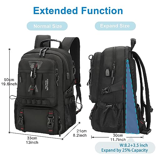 aokur Large Travel Laptop Backpack with Wet Bag Shoe Compartment,50L Expandable Flight Approved Backpack,17.3 inch Hiking Backpack for men women,Waterproof, Black