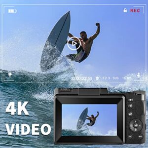 Toiauaha 4K Digital Camera for Photography, Autofocus 48MP Vlogging YouTube with 16X Zoom Macro Camera, 3’’180 Degree Flip Screen Compact Video Liftable Flash, SD Card&2 Batteries Black DC062