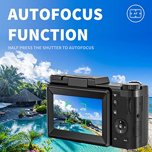 Toiauaha 4K Digital Camera for Photography, Autofocus 48MP Vlogging YouTube with 16X Zoom Macro Camera, 3’’180 Degree Flip Screen Compact Video Liftable Flash, SD Card&2 Batteries Black DC062