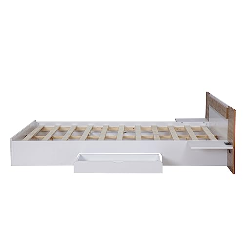 Linique Queen Size Platform Bed with 2 Drawers,Headboard,Shelves,USB Ports and Sockets,Queen Wooden Platform Bed Frame for Bedroom,No Need Spring Box(White)