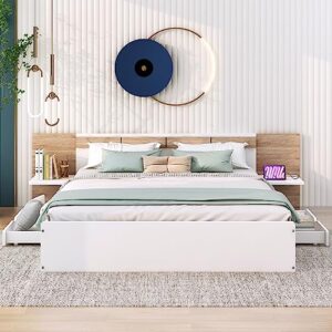 linique queen size platform bed with 2 drawers,headboard,shelves,usb ports and sockets,queen wooden platform bed frame for bedroom,no need spring box(white)