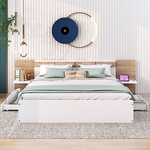 Linique Queen Size Platform Bed with 2 Drawers,Headboard,Shelves,USB Ports and Sockets,Queen Wooden Platform Bed Frame for Bedroom,No Need Spring Box(White)