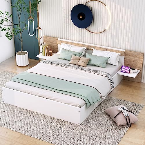 Linique Queen Size Platform Bed with 2 Drawers,Headboard,Shelves,USB Ports and Sockets,Queen Wooden Platform Bed Frame for Bedroom,No Need Spring Box(White)