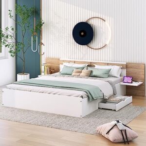 Linique Queen Size Platform Bed with 2 Drawers,Headboard,Shelves,USB Ports and Sockets,Queen Wooden Platform Bed Frame for Bedroom,No Need Spring Box(White)