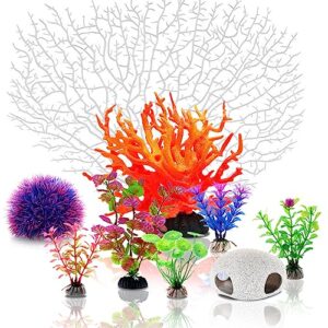 grddaef aquarium plant kits, artificial fish tank plastic & resin plants and cave rock decorations decor white fake coral plants set 9 units