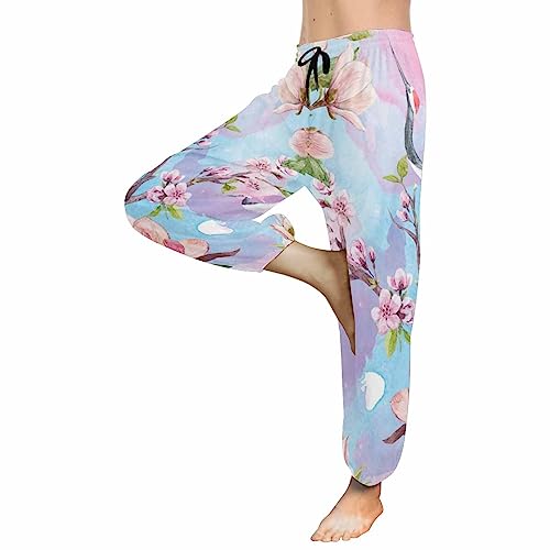 InterestPrint Flying Bird Flower Women's Yoga Trousers Baggy Lounge Bottoms Soft Yoga Sports Dance Harem Pants with Pockets XL