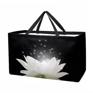 kqnzt reusable grocery bags, heavy duty reusable shopping bags, large tote bags with long handles and reinforced bottom, white lotus art