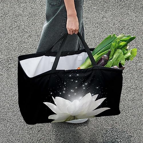 KQNZT Reusable Grocery Bags, Heavy Duty Reusable Shopping Bags, Large Tote Bags with Long Handles and Reinforced Bottom, White Lotus Art