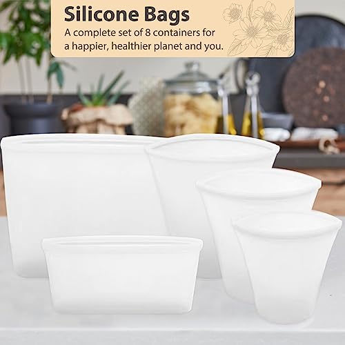 Reusable Food Storage Bags [Full Set of 8] Silicone Containers for Food Storage Freezer,Microwave,And Oven Safe Sandwich Containers Silicone Meal Prep Container,Stand Up Preservation Bag,Easy Cleaning