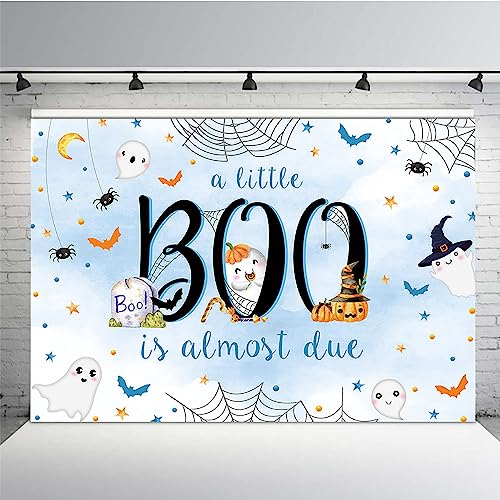 MEHOFOND 7x5ft Halloween Baby Shower Backdrop a Little Boo is Almost Due Blue Watercolor for Boy Background with Spider Web Baby Shower Party Banner Decor Photo Booth Studio